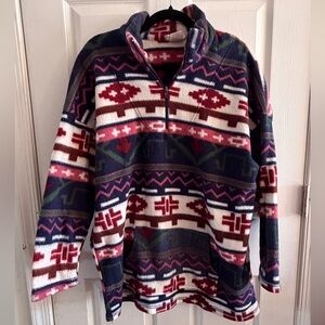 Backroads Southwestern Aztec Fleece Pullover Quarter Zip Blue Red Size L unisex